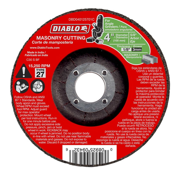 Diablo DBD040125701C Aluminum Oxide Type 27 Masonry Cut-Off Wheel, 4" Dia