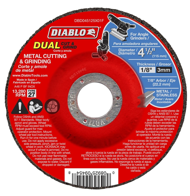 Diablo DBD045125X01F Aluminum Oxide Type 27 Metal Dual Cut & Grind Wheel, 4-1/2"