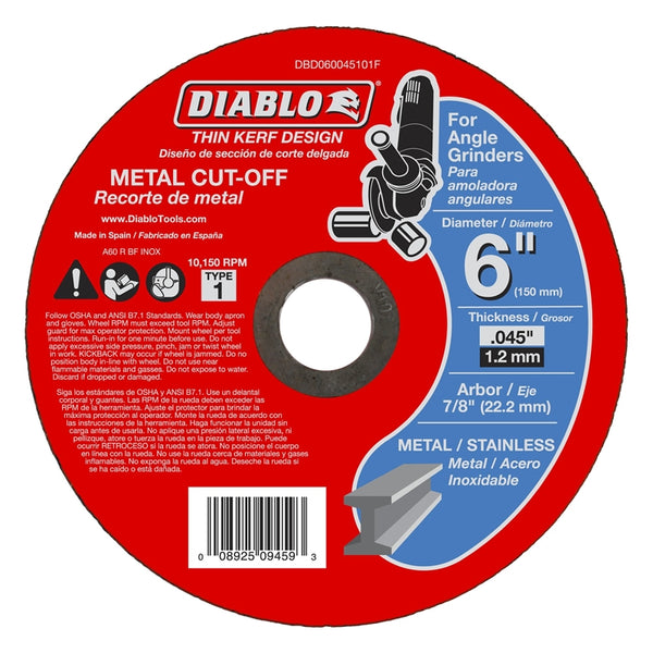 Diablo DBD060045101F Thin-Kerf Aluminum Oxide Metal Cut-Off Wheel, 6" Dia