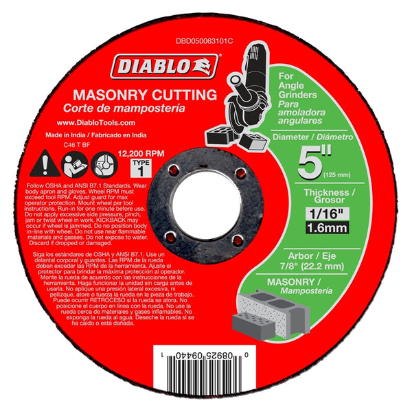 Diablo DBD050063101C Aluminum Oxide Type-1 Masonry Cut-Off Wheel, 5" Dia
