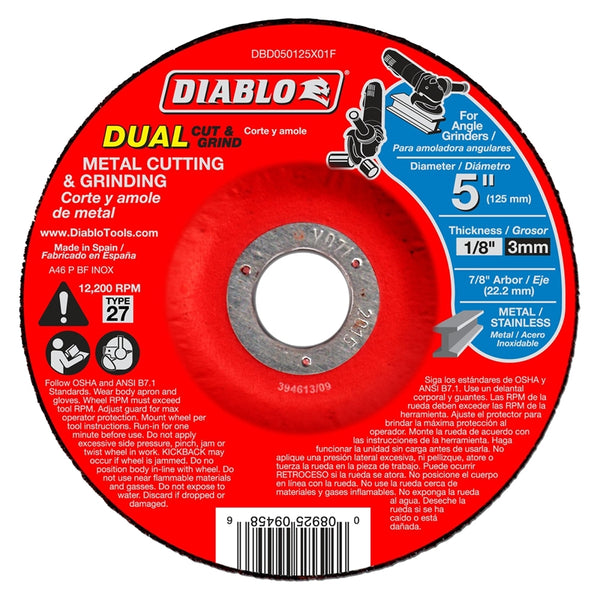 Diablo DBD050125X01F Aluminum Oxide Type 27 Metal Dual Cut & Grind Wheel, 5"
