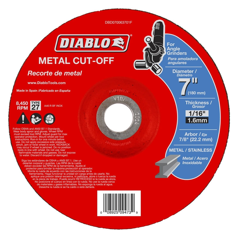 Diablo DBD070063701F Type 27 Metal Cut Off Wheel, 7/8" Arbor, 7" Dia