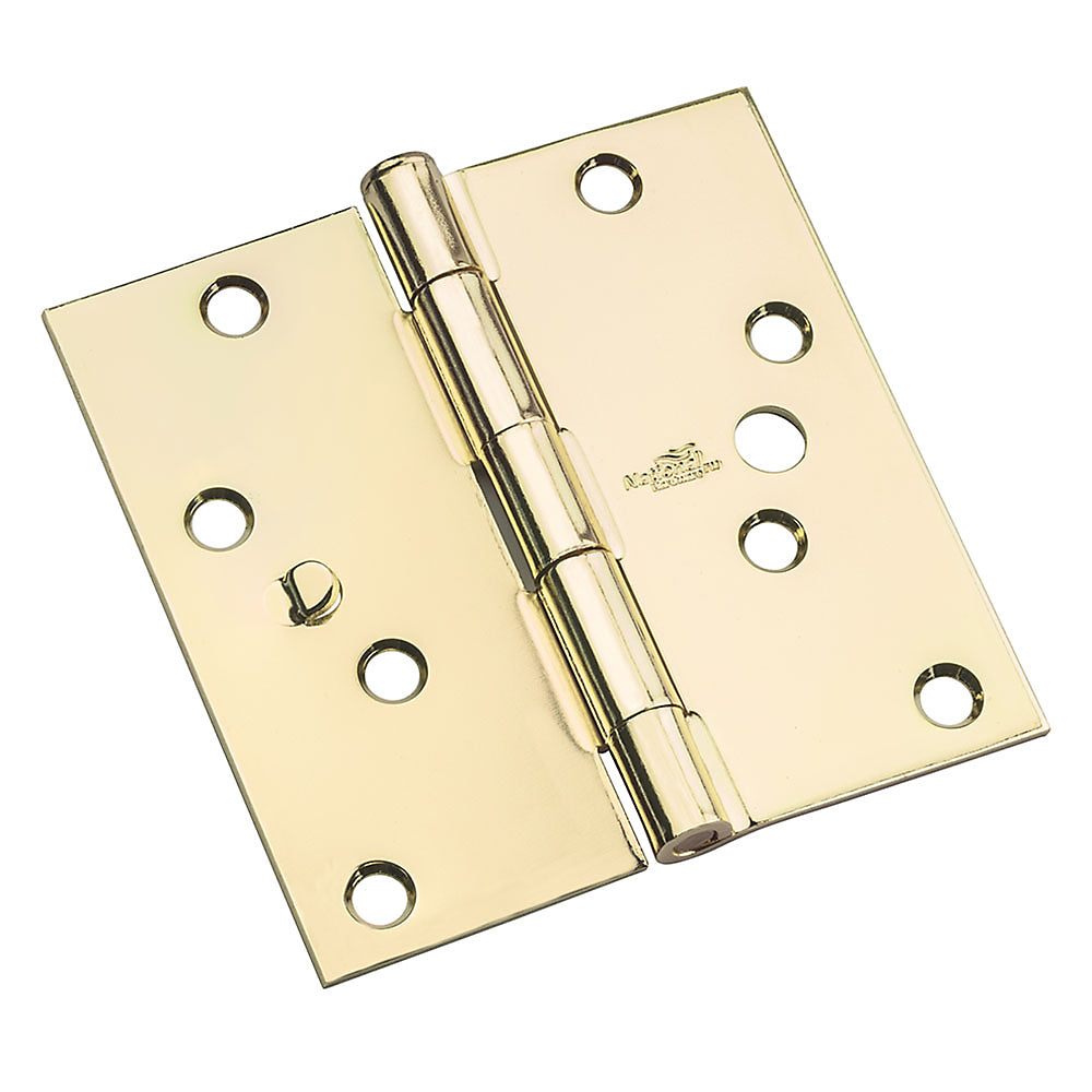 National N830-401 Square Corner 10-Holes Door Hinge, Bright Brass, 4", 3-Pack