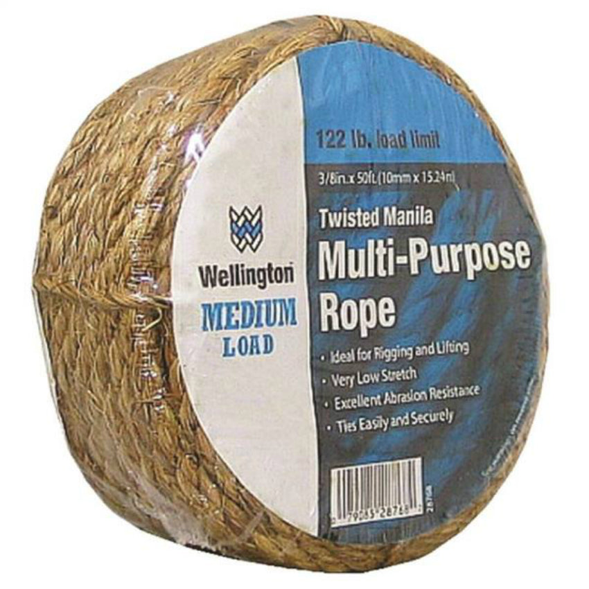 Wellington 28768 Twisted Manila Multi-Purpose Rope, Natural, 3/8" x 50'