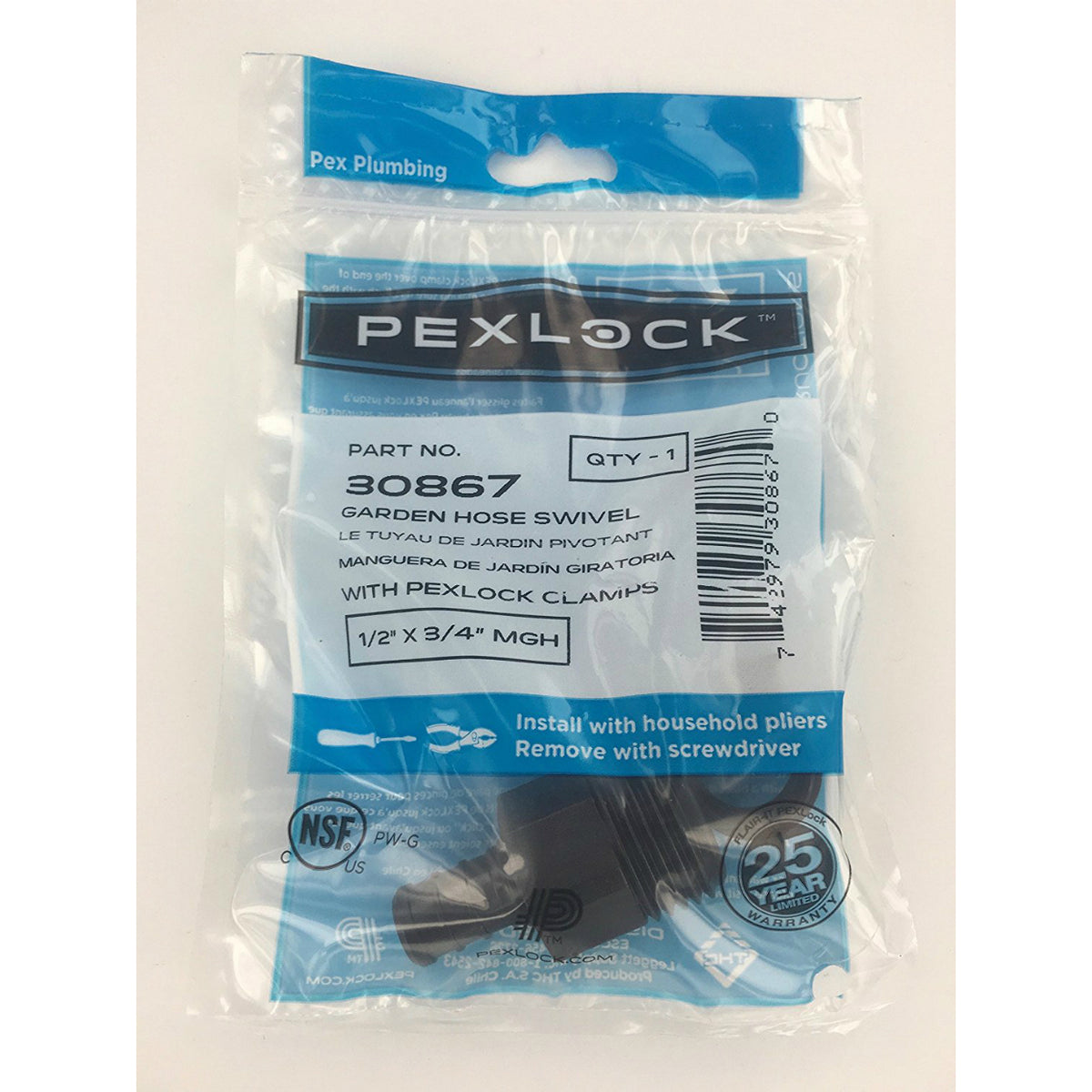 PEXLock 30867 Black Swivel Adapter with Clamp, 1/2" x 3/4"