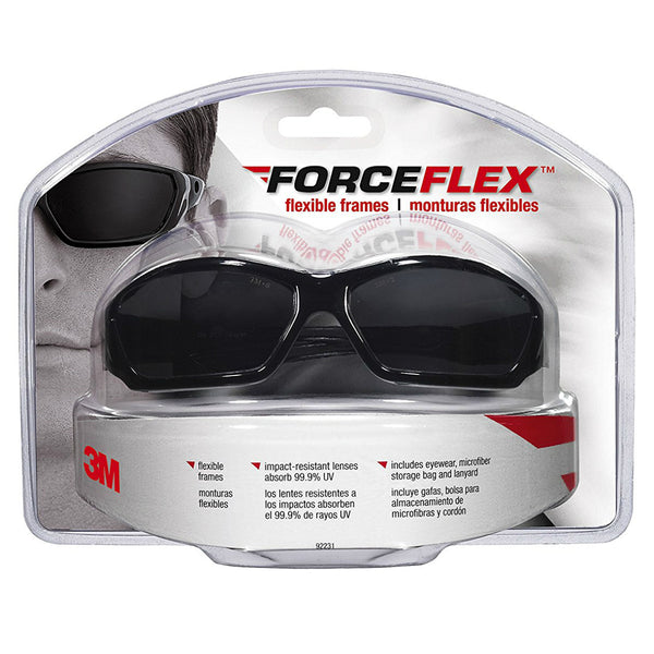 3M 92231-80025 ForceFlex Flexible Safety Eyewear, Glossy Black Frame, Gray Lens
