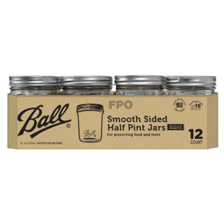 Ball 1440060801 Smooth-Sided Regular Mouth Mason Jars, 1/2 Pt, 12-Pack