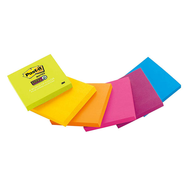 Post-It 654-SSPK Assorted Colors Super Sticky Notes, 3" x 3", 90-Sheets