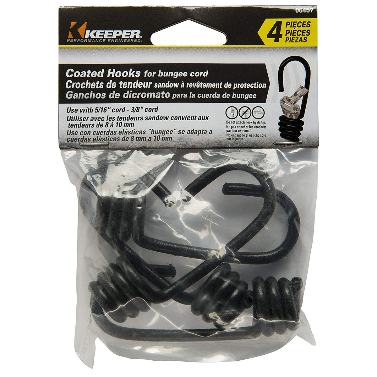 Keeper 06457 Vinyl Coated Bungee Cord Hooks, Black, 4-Pack