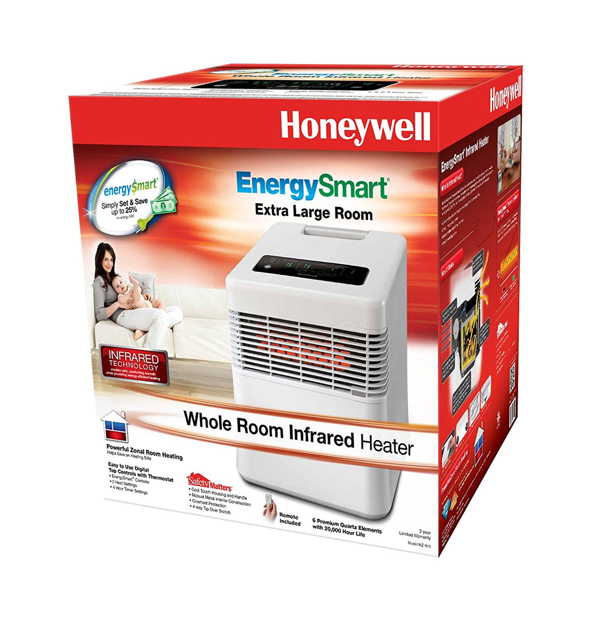Honeywell HZ-970 EnergySmart Whole Room Infrared Heater, 2 Heat Settings, White
