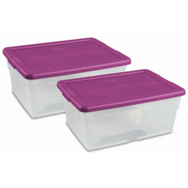 Sterilite 16454W06 Clear Base Storage Box with Fuchsia Flight Lid, 16 Qt, 2 Pack