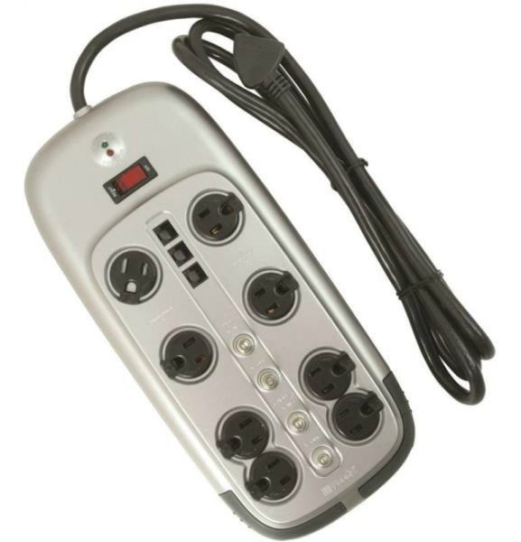 Woods 546518 3-Way Surge Protector with 8-Outlet, Gray, 3345 Joules