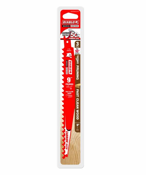 Diablo DS0903CP3 Carbide Pruning & Clean Wood Cutting Recip Saw Blade, 3-TPI, 9", 3-Pack