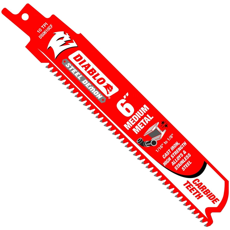 Diablo DS0610CF Steel Demon Carbide Recip Blade for Medium Metal Cutting, 10-TPI, 6"