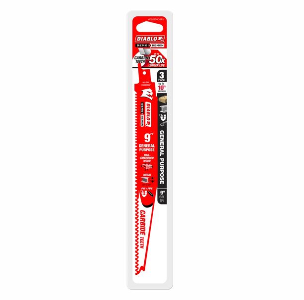 Diablo DS0909CGP3 Demo Demon Carbide General Purpose Recip Saw Blade, 6/9 TPI, 9", 3-Pack