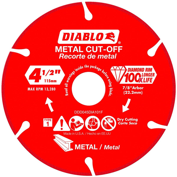 Diablo DDD045DIA101F Type-1 Diamond Metal Cut‑Off Blade, 7/8" Arbor, 4‑1/2" Dia