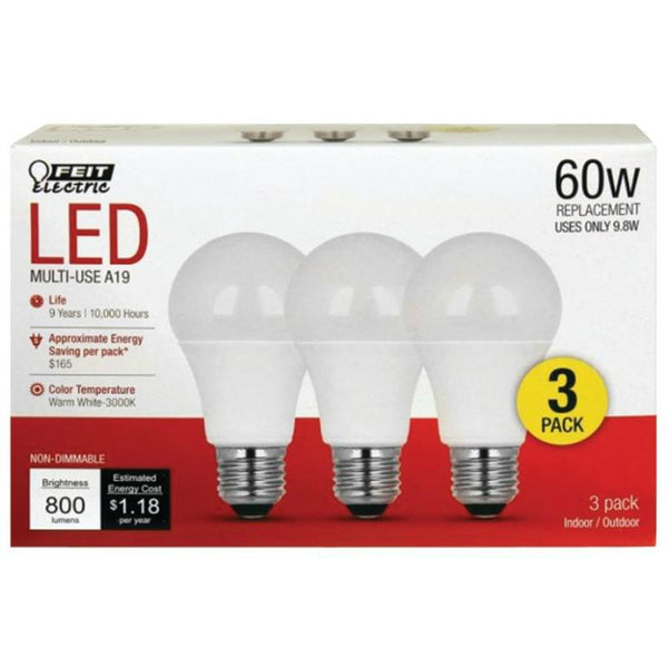 Feit Electric A800/830/10KLED/3 Non-Dimmable LED Bulb, 9.5W, 800 lm, 3-Pack