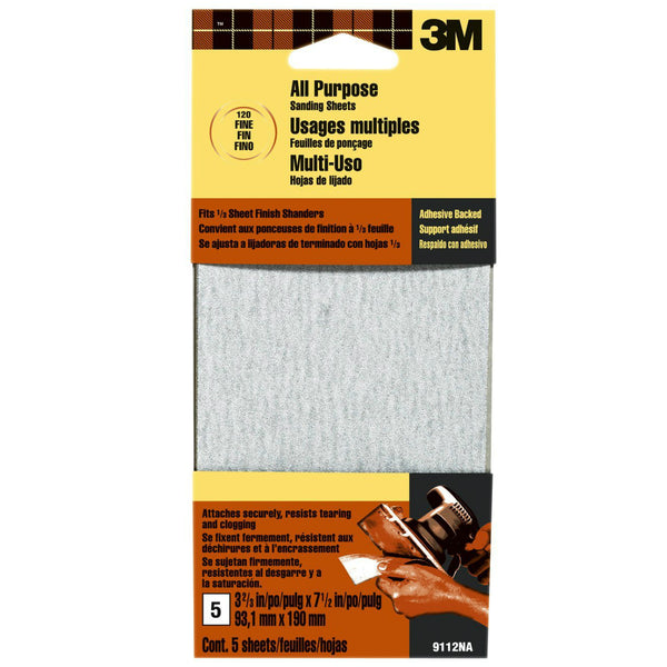 3M® 9112 Aluminum Oxide All Purpose Sanding Sheets, Fine, 120 Grit, 5 Pack
