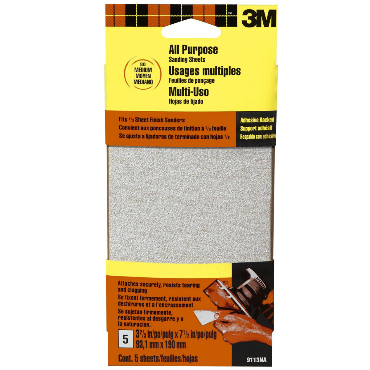 3M® 9113 Aluminum Oxide All Purpose Sanding Sheets, Medium, 80 Grit, 5 Pack