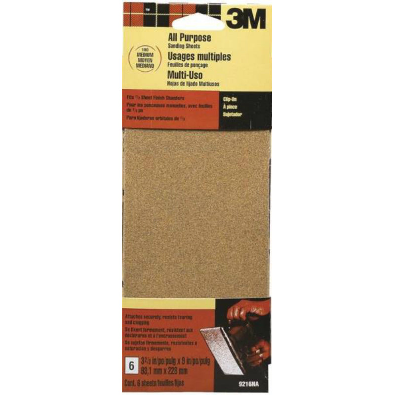 3M® 9216ES Aluminum Oxide All Purpose Sanding Sheet, Medium, 100 Grit, 6-Piece