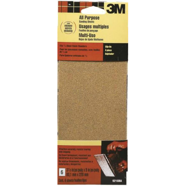 3M® 9216ES Aluminum Oxide All Purpose Sanding Sheet, Medium, 100 Grit, 6-Piece