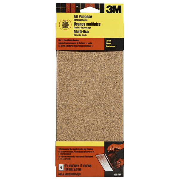 3M® 9011 Aluminum Oxide All Purpose Sanding Sheet, Coarse, 60 Grit, 4-Pack