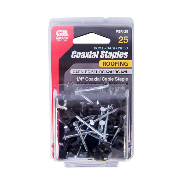 Gardner Bender PSR-25 Coaxial Cable Roofing Staples, Plastic, Black, 1/4", 25-Pk