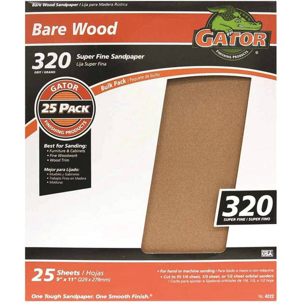 Gator 3314 Aluminum Oxide Medium Bare Wood Sanding Sheet, 320 Grit, 9" x 11"