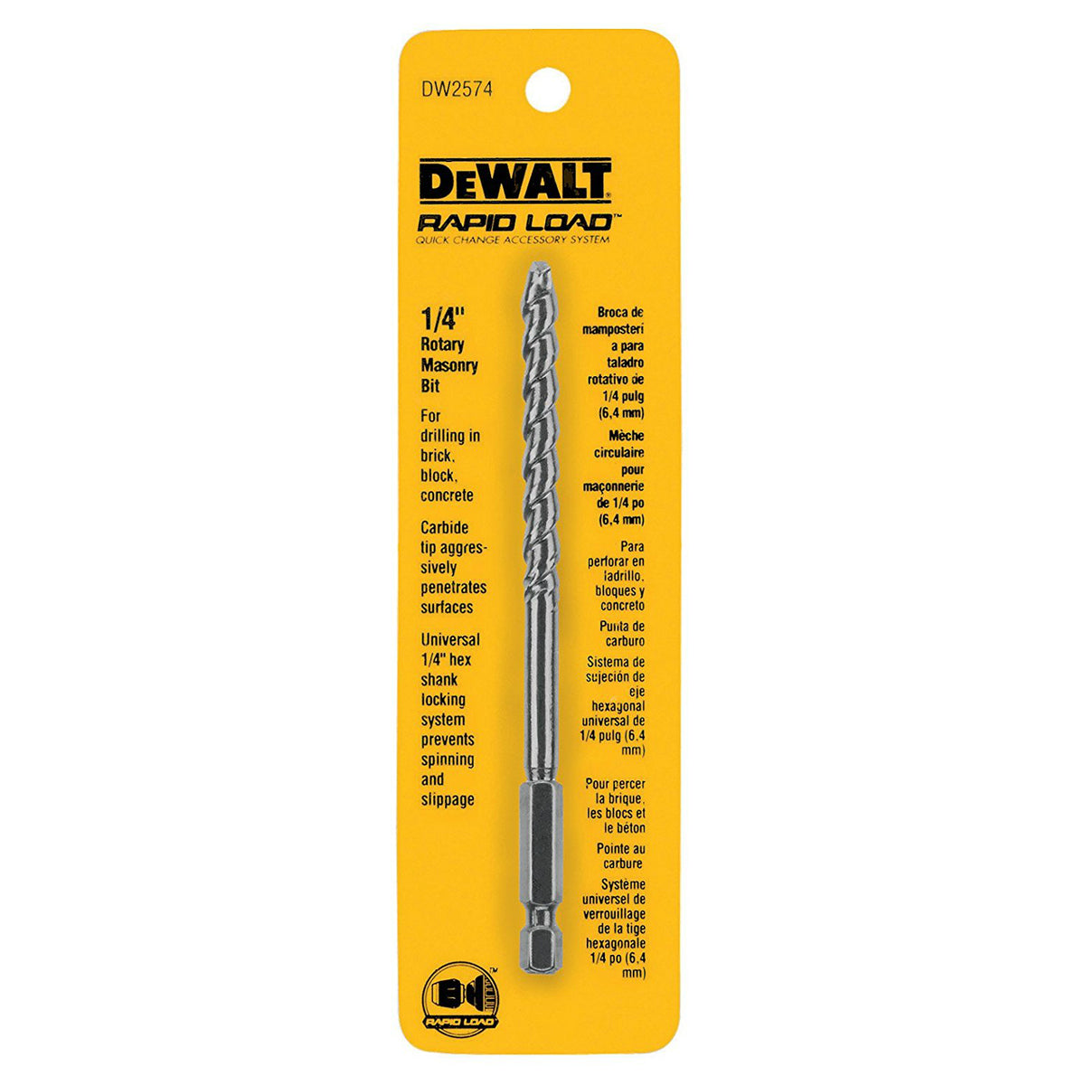 DeWalt DW2574 Rapid Load Rotary Masonry Bit, 1/4" Diameter
