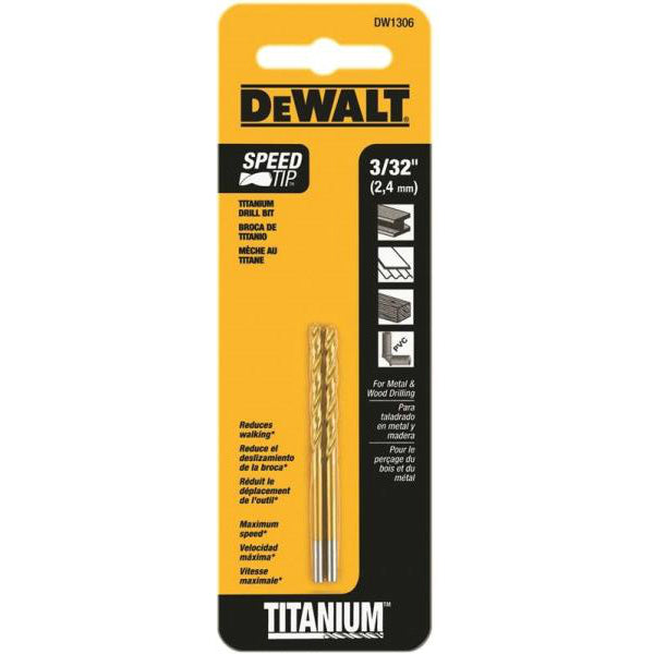 DeWalt DW1306 Heavy-Duty Titanium Drill Bit, 3/32" x 2.25 mm