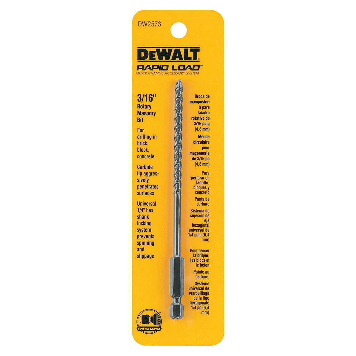 DeWalt DW2573 Rapid Load Rotary Masonry Bit, 3/16" Diameter