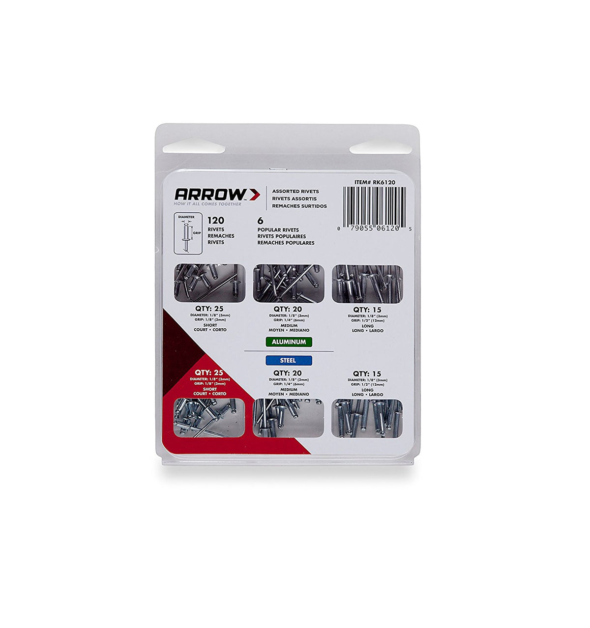 Arrow RK6120 Rivet Assortment Pack, Steel / Aluminum, 1/8"
