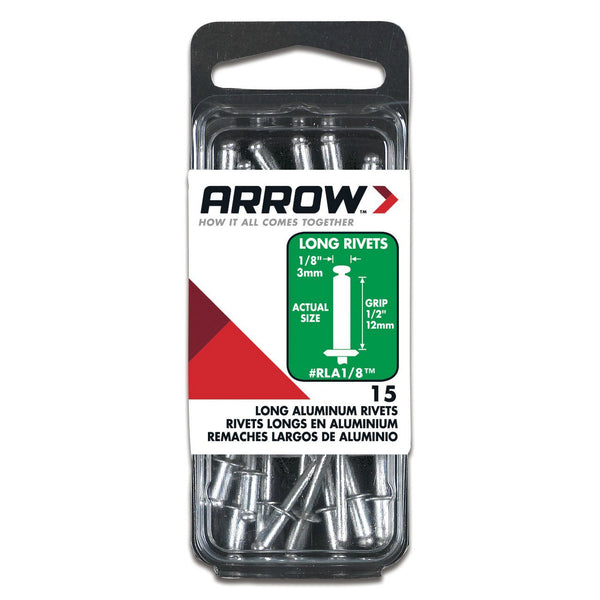 Arrow RLA1/8 Long Aluminum Rivets, 1/8", 1/2" Length, 15 Piece