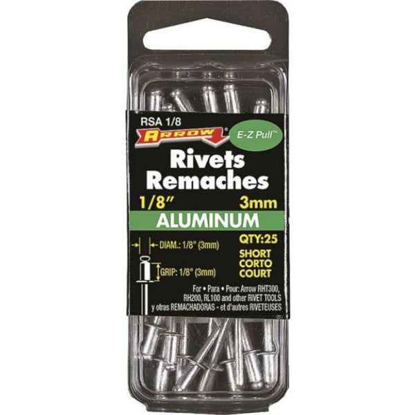 Arrow RSA1/8 Short Aluminum Rivets, 1/8", 1/8" Length, 25 Piece
