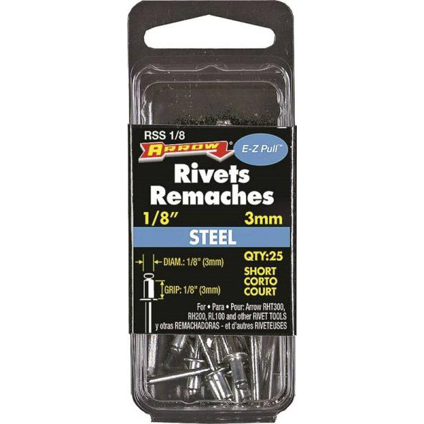 Arrow RSS1/8 Short Steel Rivets, 1/8", 1/8" Length, 25 Piece