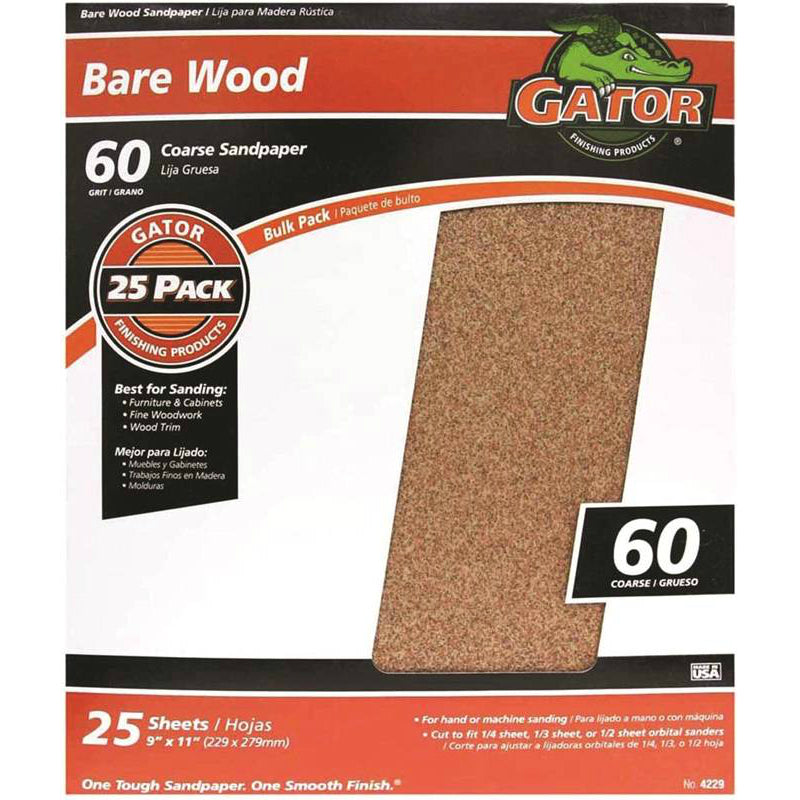 Gator 3278 Aluminum Oxide Coarse Bare Wood Sanding Sheet, 60 Grit, 9" x 11"