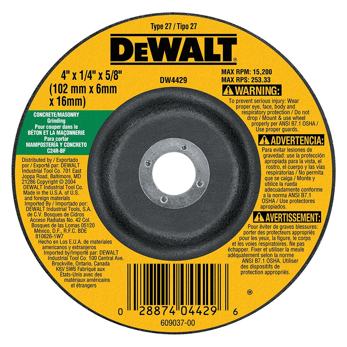 DeWalt DW4429 Type 27 HP Masonry Grinding Wheel, 5/8" Arbor, 4" Diameter