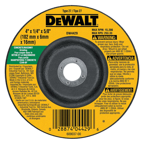 DeWalt DW4429 Type 27 HP Masonry Grinding Wheel, 5/8" Arbor, 4" Diameter