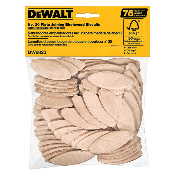DeWalt DW6820 Plate Joining Birchwood Biscuits with Storage Bag, #20, 75 Count
