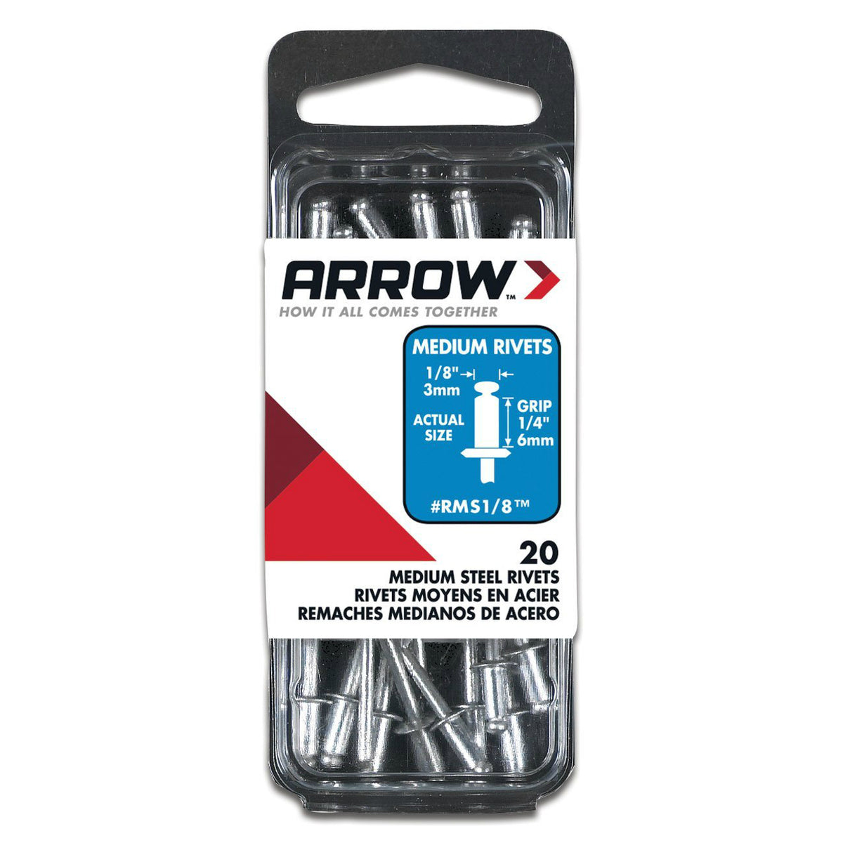 Arrow RMS1/8 Medium Steel Rivets, 1/8", 1/4" Length, 20 Piece