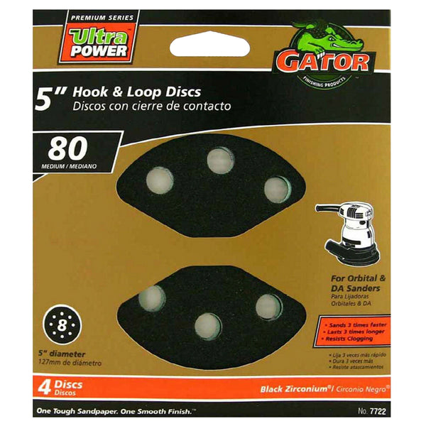 Gator 7722 Hook & Loop Discs for Sanders, 80 Grit, 5" Diameter