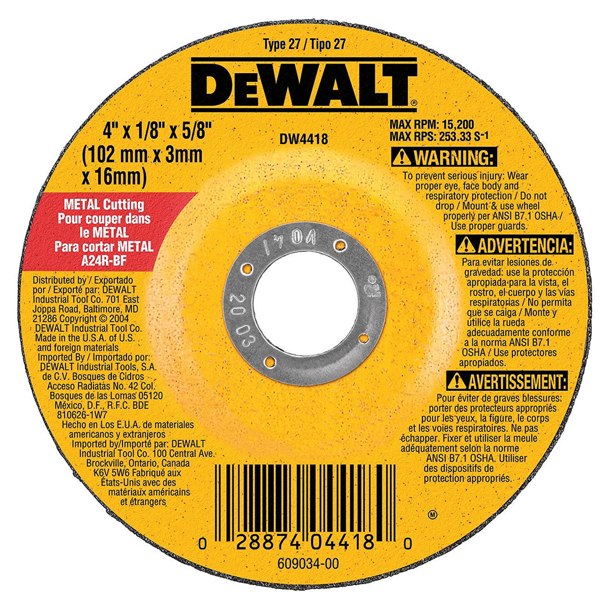 DeWalt DW4418 Type 27 HP Metal Grinding Wheel, 5/8" Arbor, 4" Diameter
