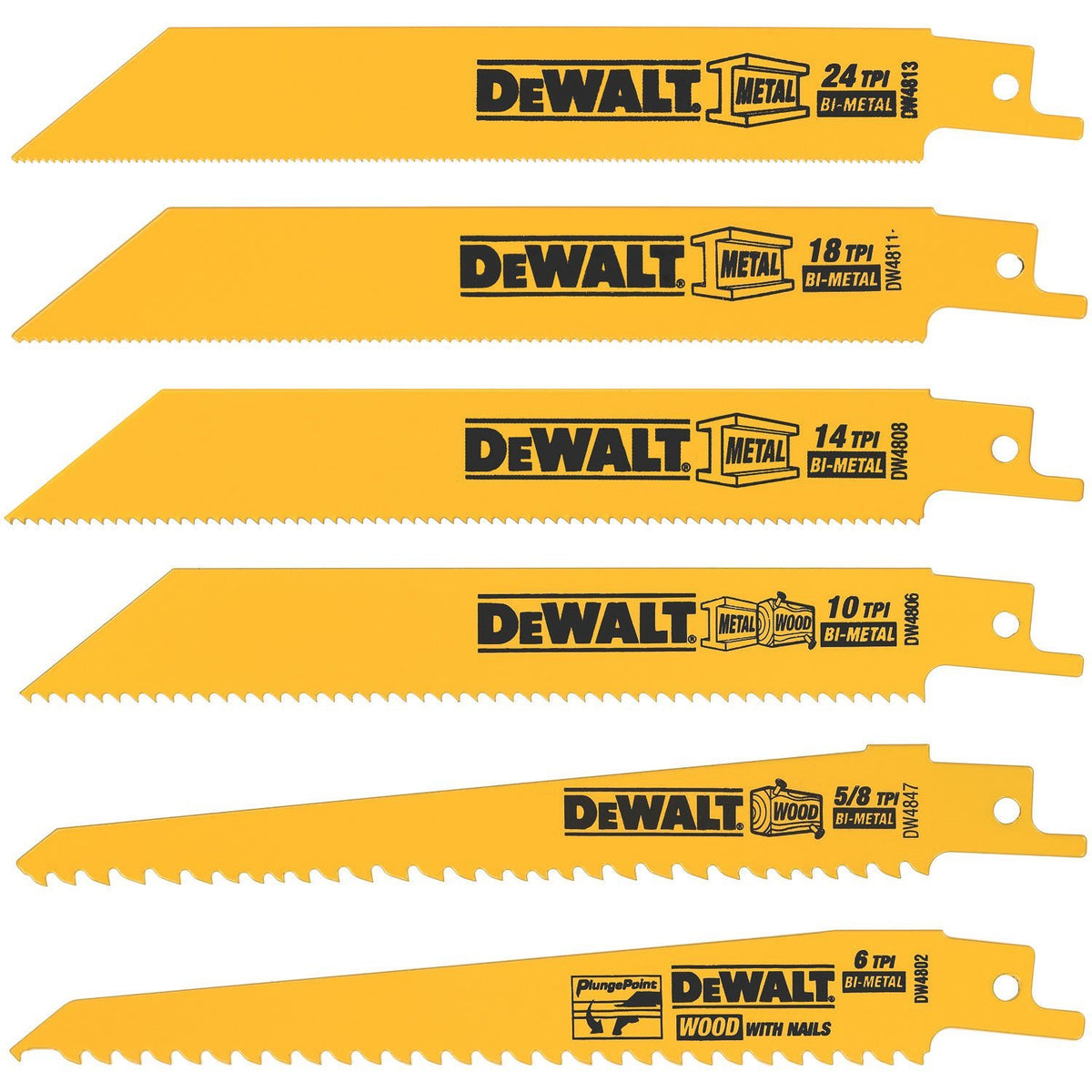 DeWalt DW4856 Bi-Metal Reciprocating Saw Blade Set, 6 Piece