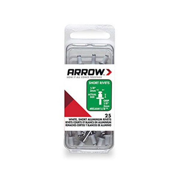 Arrow RSAW1/8 Short Aluminum White Rivets, 1/8", 1/8" Length, 25 Piece