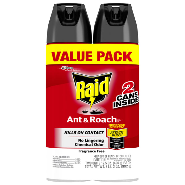 Raid 74916 Ant & Roach Killer Spray, Fragrance Free, 17.5 Oz, 2-Pack