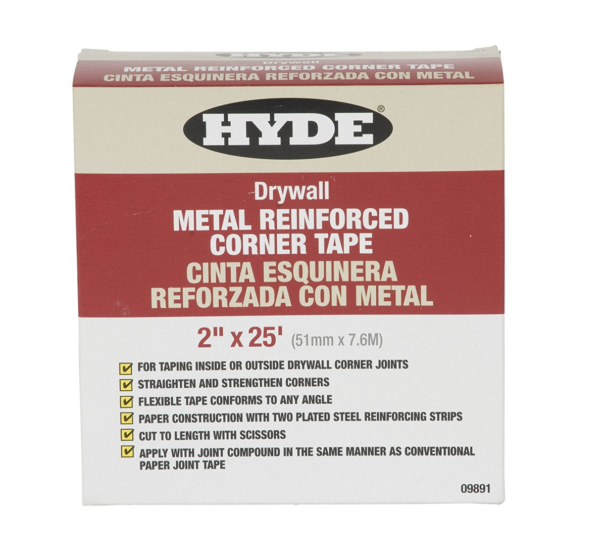 Hyde 09891 Drywall Metal Reinforced Corner Flexible Paper Tape, 2" x 25'