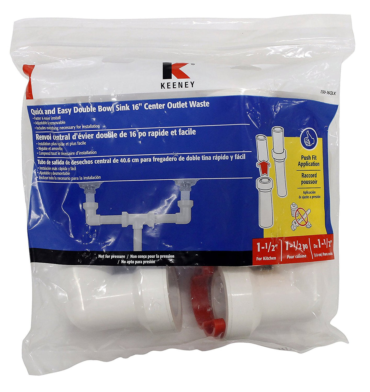 Kenny 130-16QLK Insta-Plumb Double Bowl Sink 16" Center Outlet Waste, 1-1/2"