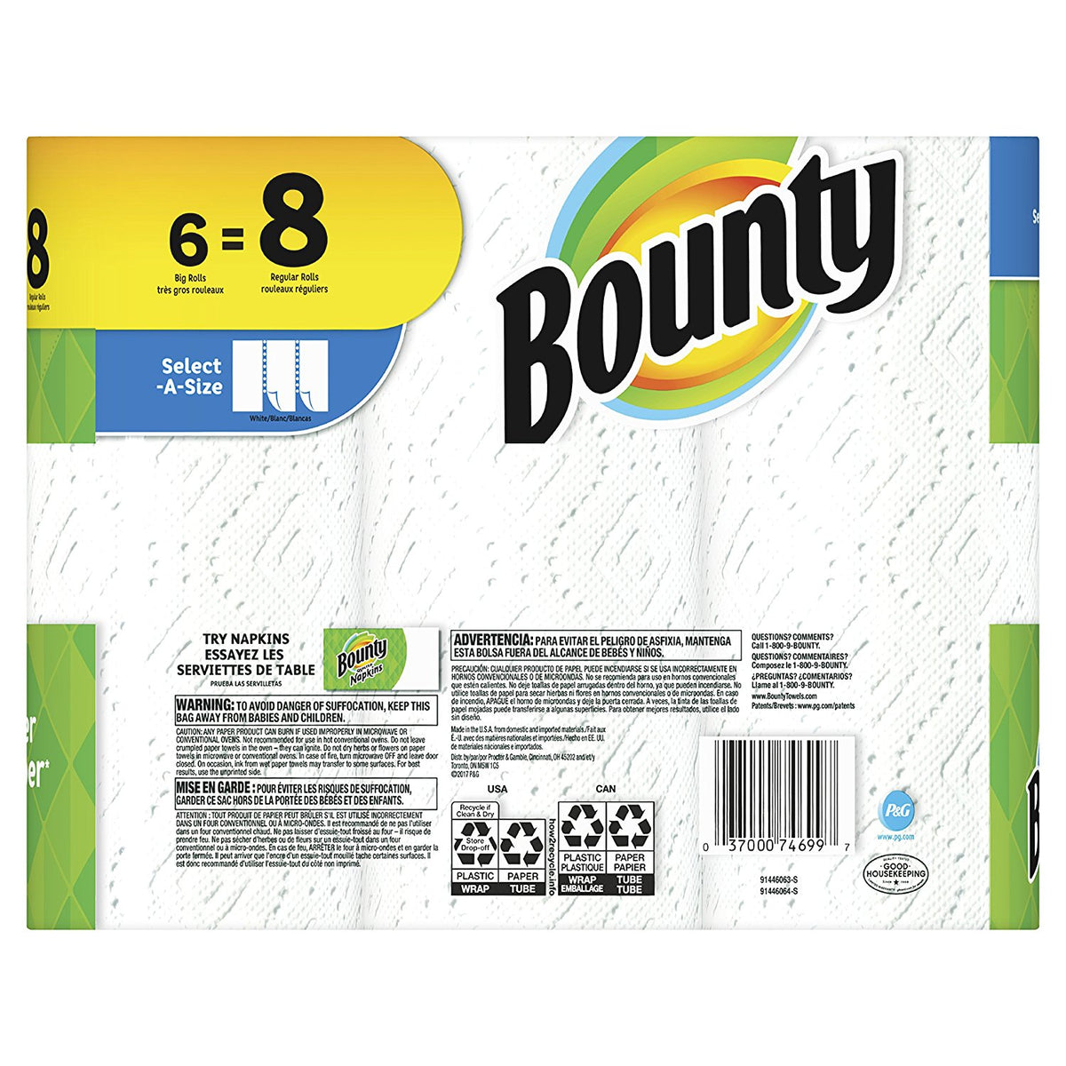 Bounty 74699 Select-A-Size 2-Ply Paper Towels, White, 74-Sheets, 6 Big Rolls