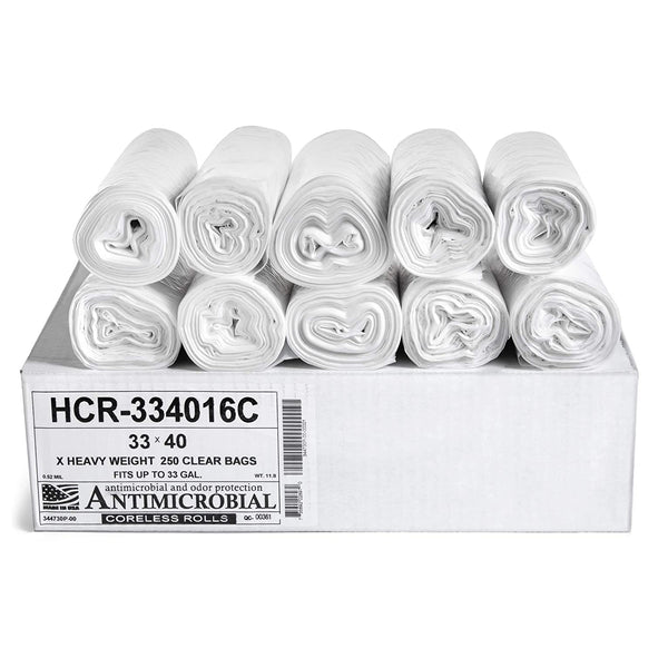 Aluf Plastics HCR-334016C Hi Lene Coreless Can Liner Trash Bags, 33 Gal, Clear, 250-Ct