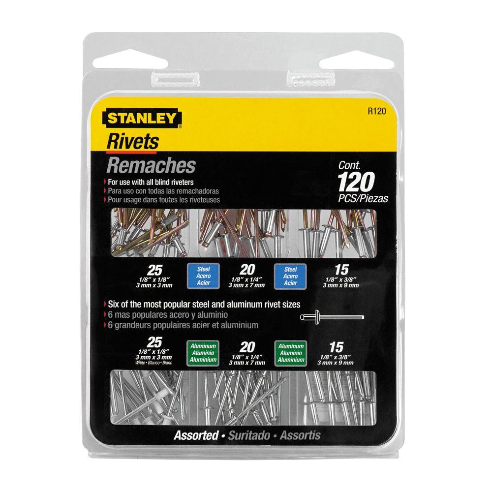 Stanley R120 Rivet Pack Assortment Set, 1/8" Dia, Aluminum/Steel, 120-Piece